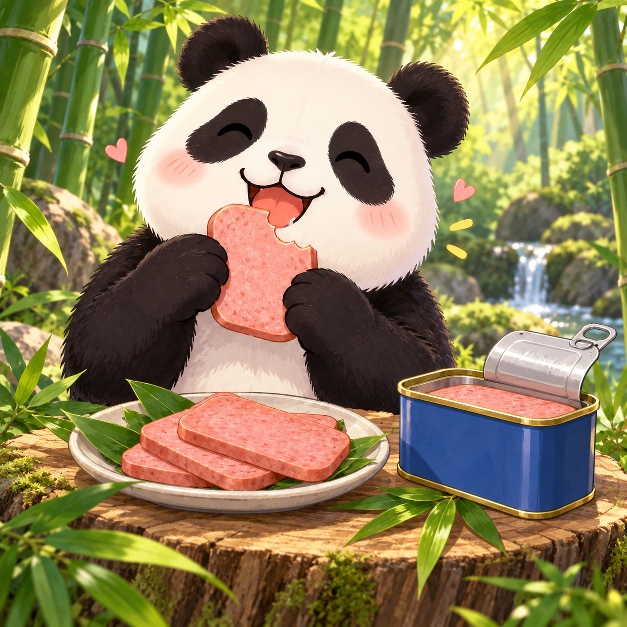 A happy panda eating Spam in a sunlit bamboo forest